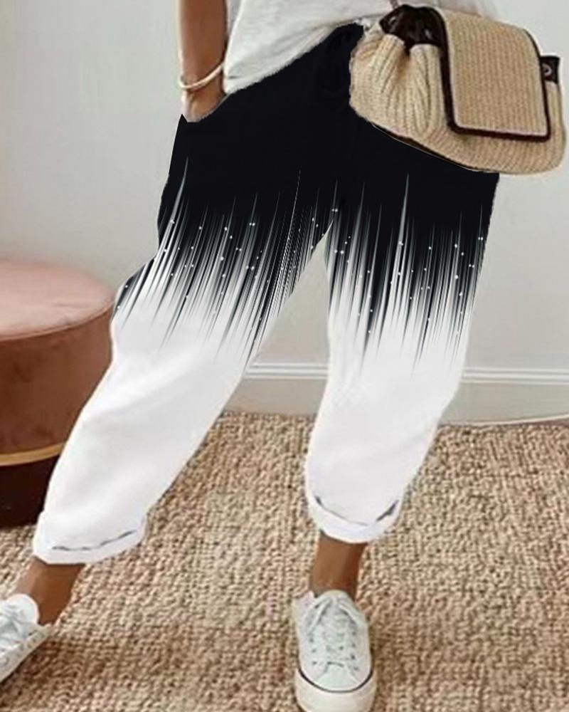 Abstract Print Colorblock Drawstring Cuffed Pants