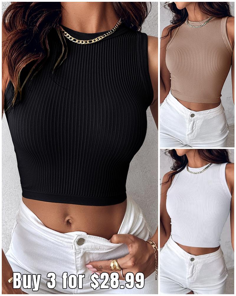 

3-Pack Crew Neck Seamless Rib-Knit Crop Tank Top, Style2