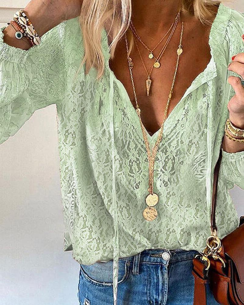 

Florla Lace Long Sleeve V-Neck Top, Green