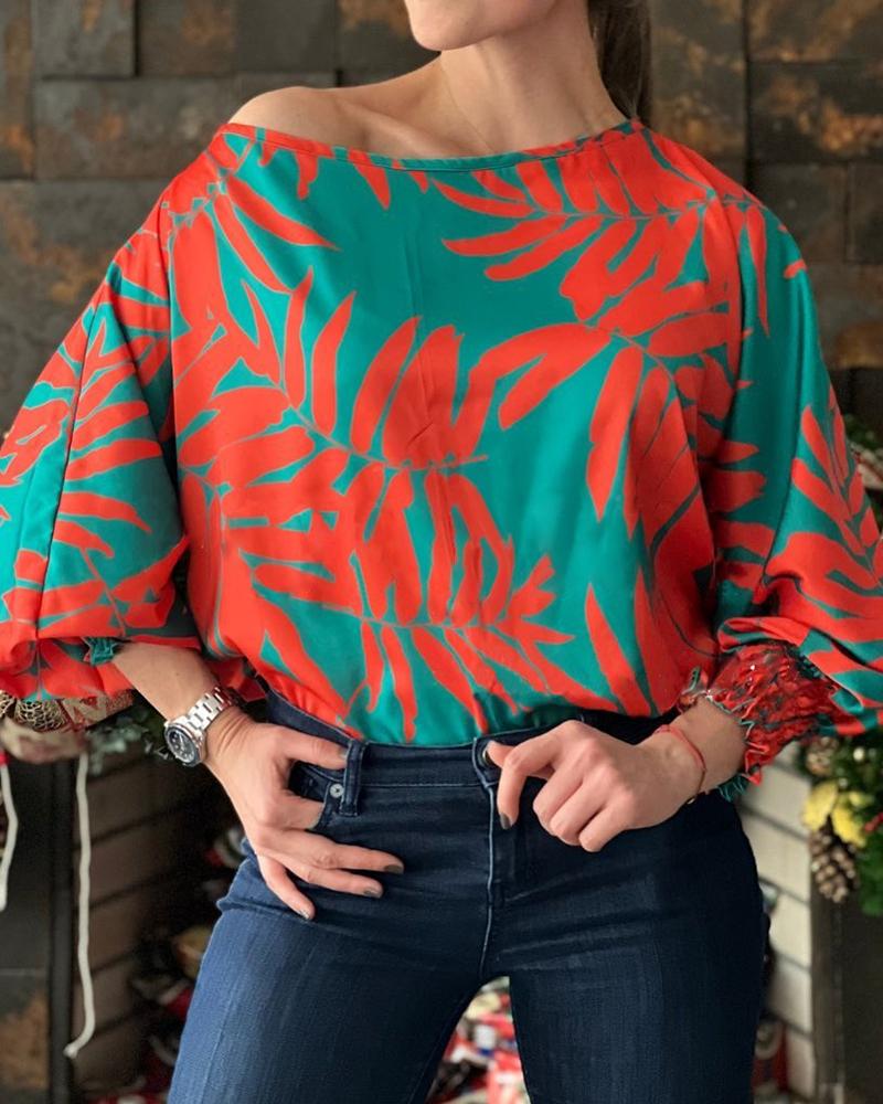 

Plants Print Lantern Sleeve Top, Green