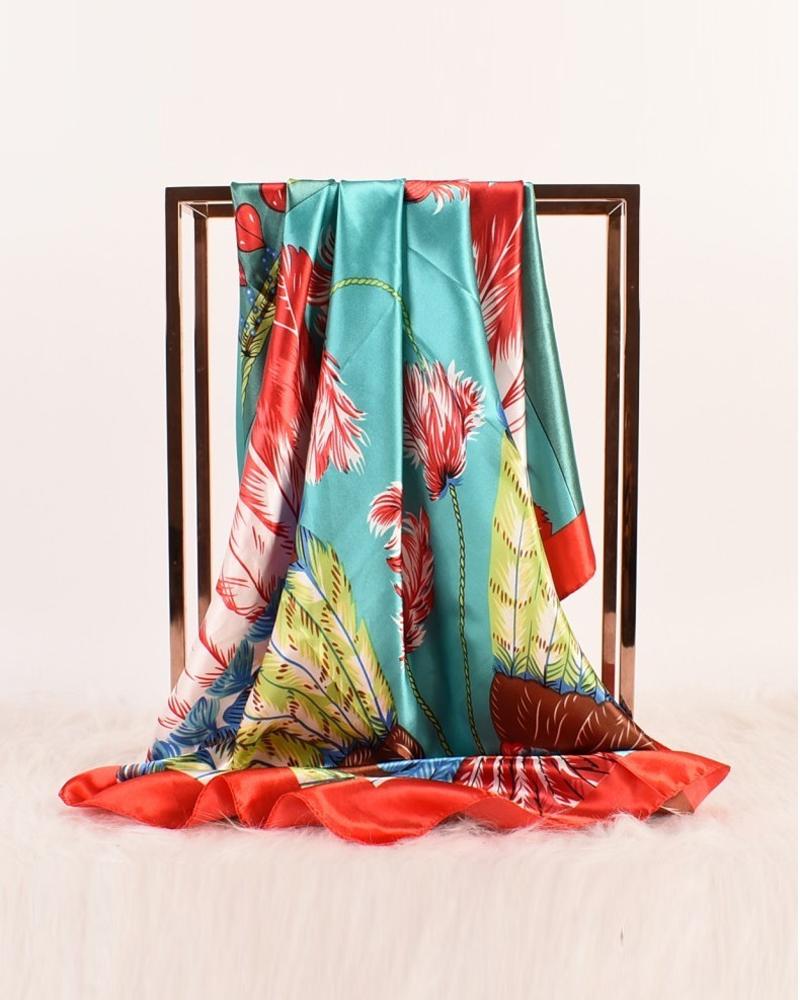 

Vintage Plants Print Satin Square Scarf Headband, Red