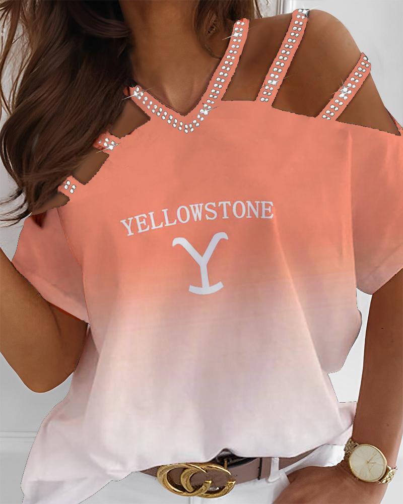 

Rhinestone Yellowstone Graphic Pattern Cold Shoulder T-shirt, Orange