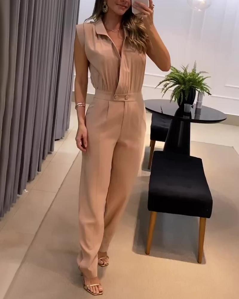 

Sleeveless Button Detail Casual Jumpsuit, Khaki