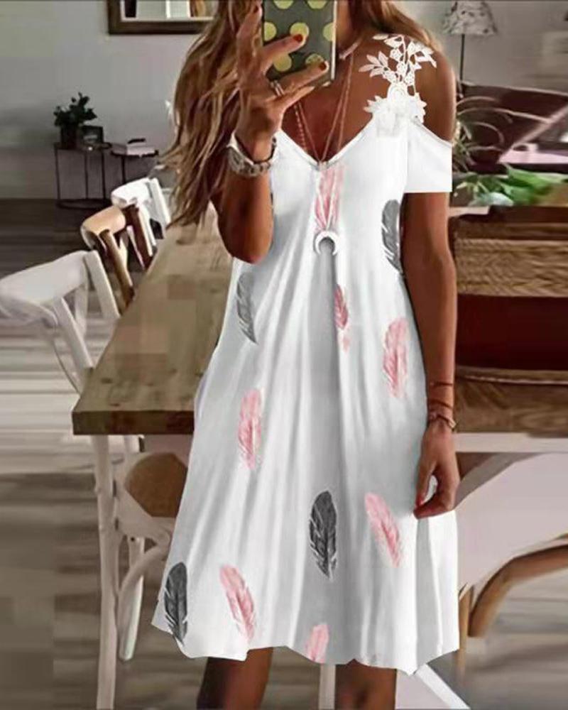 

Feather Print Contrast Lace Cold Shoulder Casual Dress, White