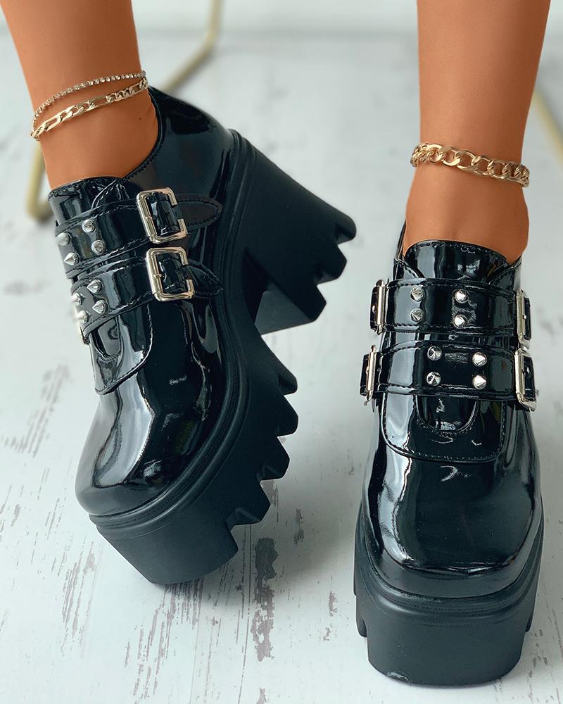 

Studded Decor Buckled Platform Chunky Boots, Black