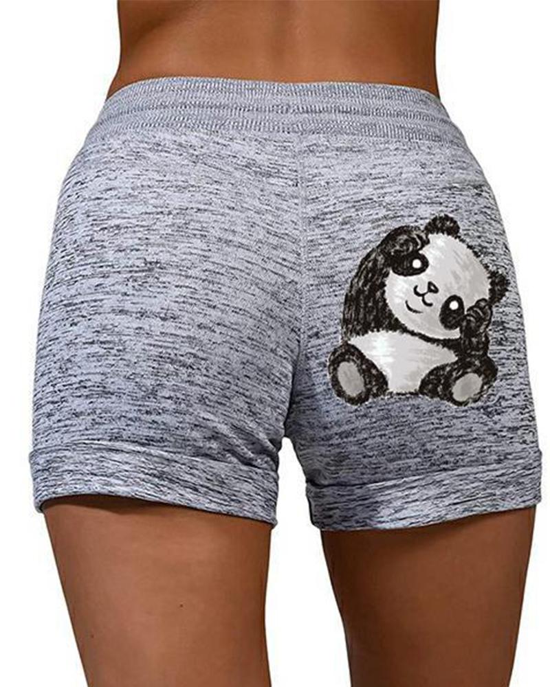 

Cartoon Panda Print Drawstring Short Pants, Gray