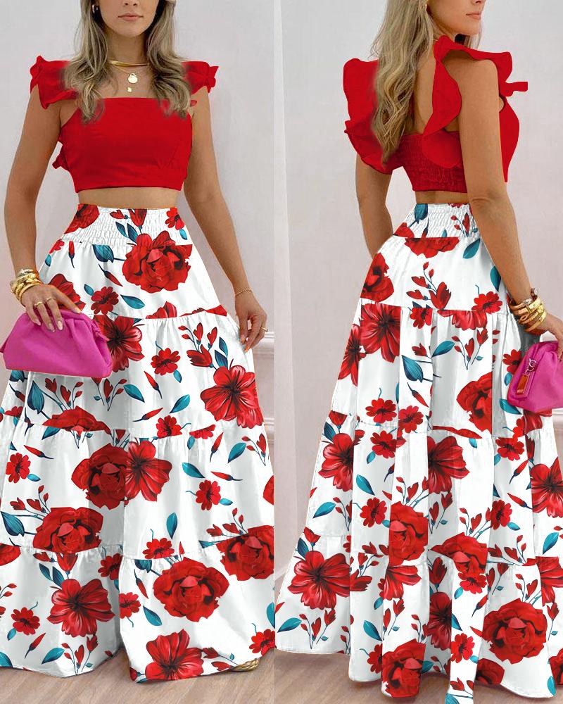 

Shirred Crop Top & Floral Print Skirt Set, Red