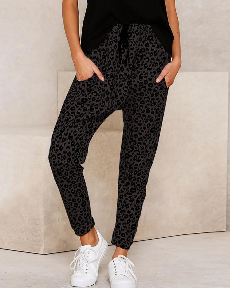 

Leopard Print Pocket Design Casual Pants, Dark grey