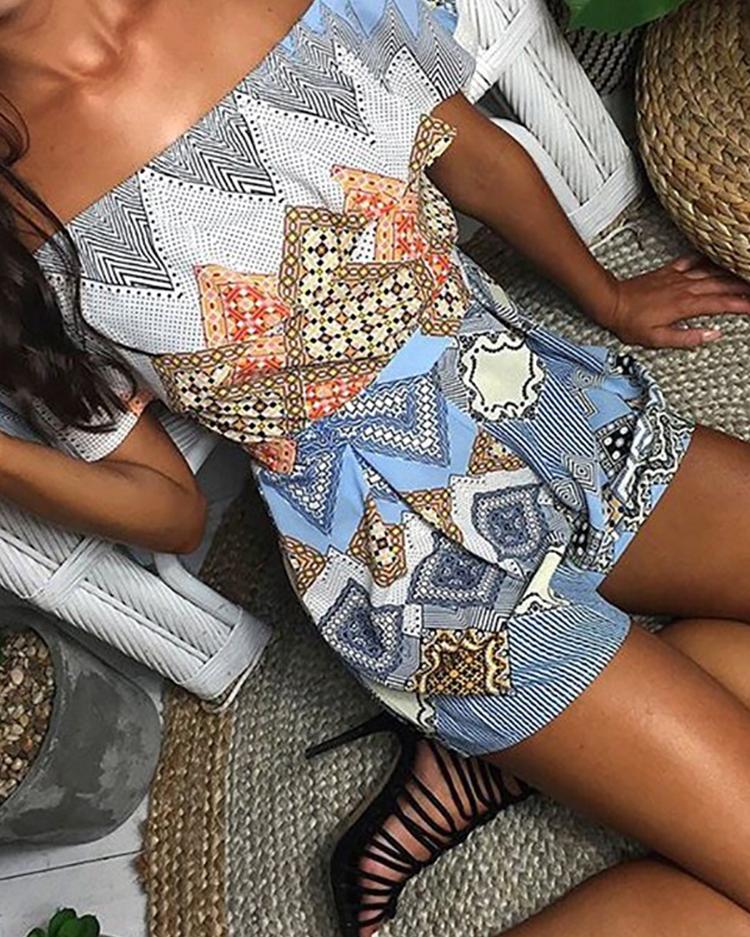 

Casual Off Shoulder Boho Print Playsuit, Blue