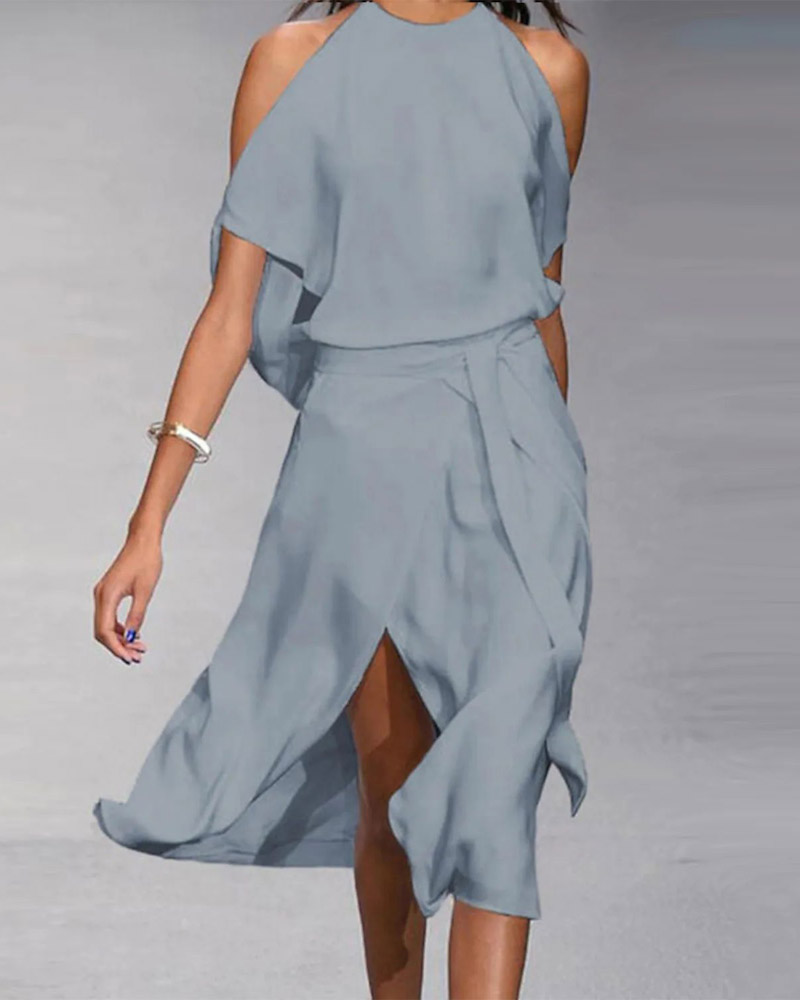 

Cold Shoulder Split Thigh Belted Casual Dress, Gray