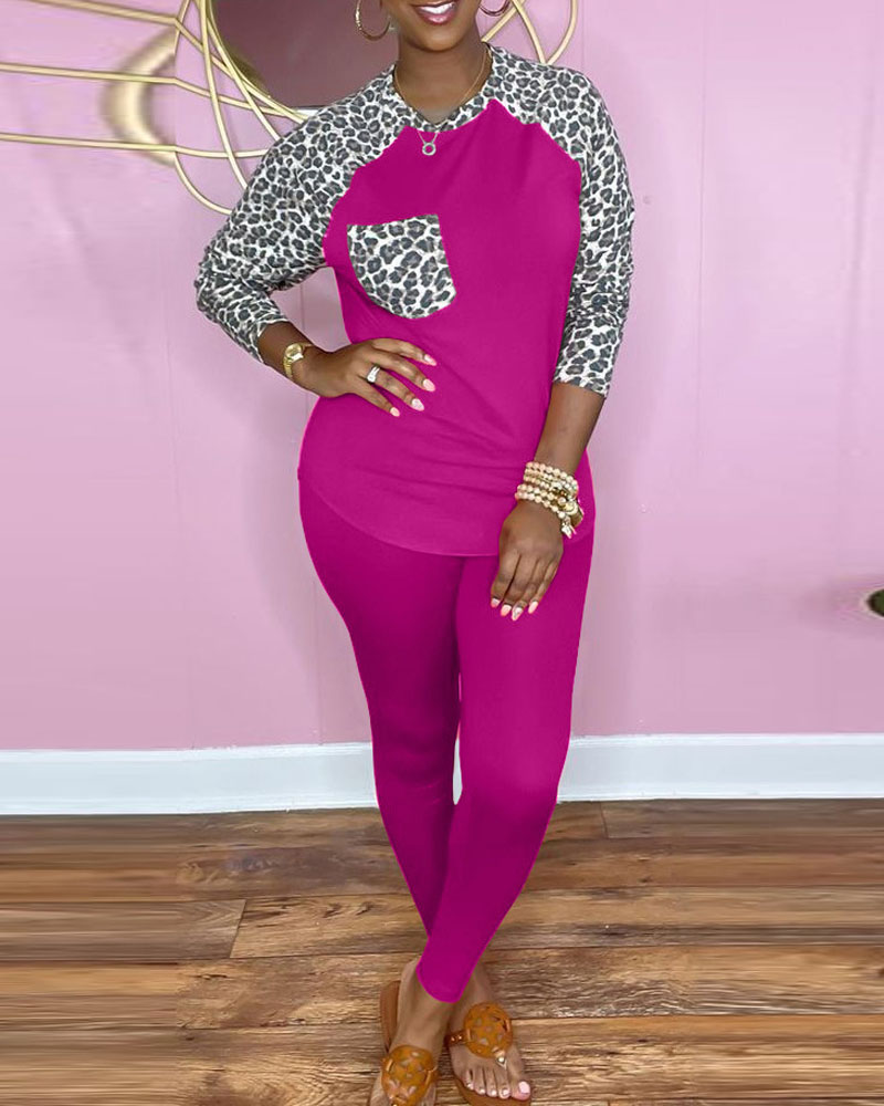 

Leopard Patch Raglan Sleeve Top & Pants Set, Hot pink