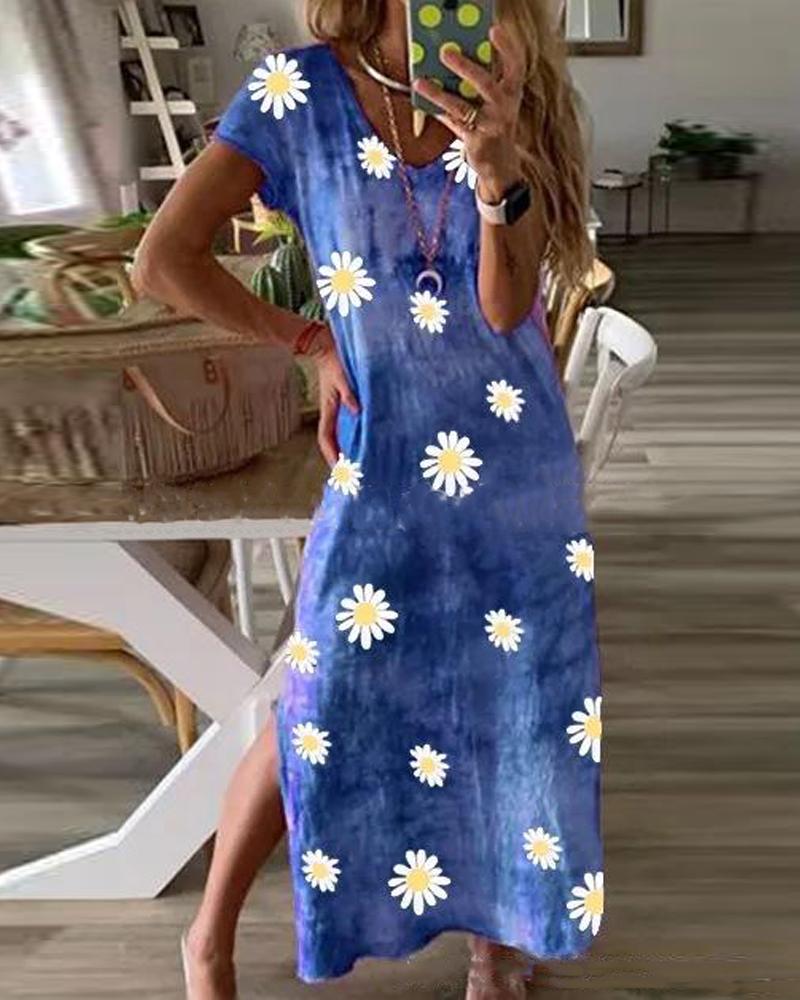 

Daisy Print Side Split Maxi Dress, Blue