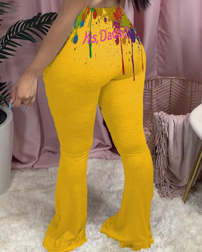 

Ink Splash Letter Print Bootcut Pants, Yellow