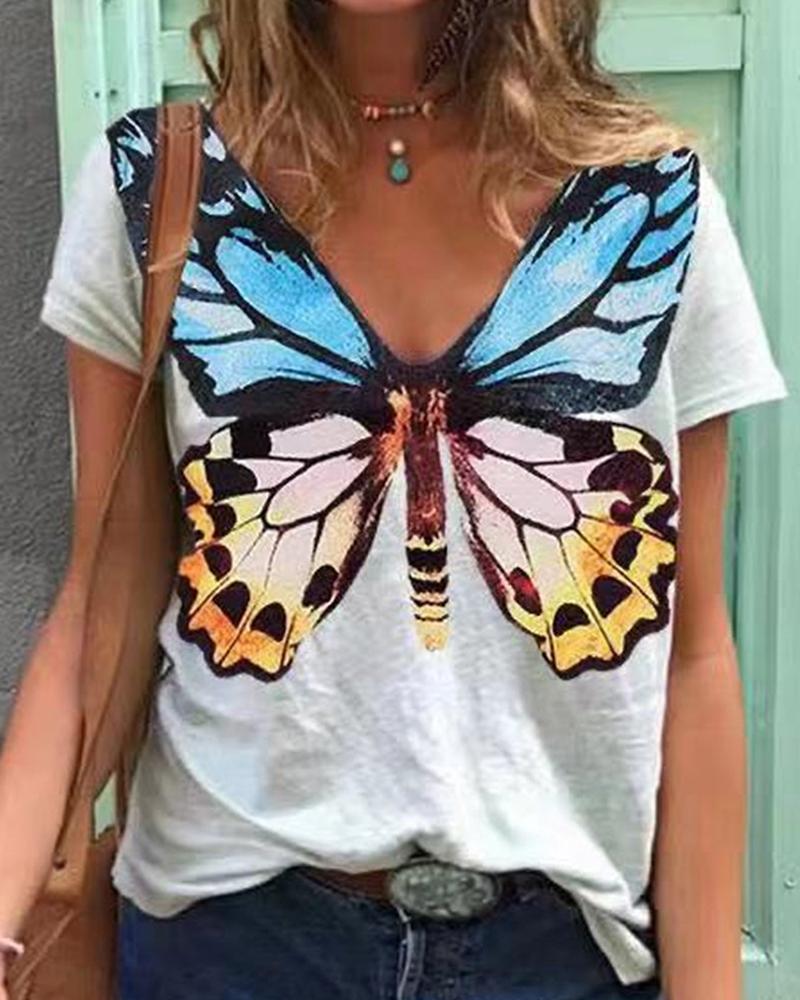 

Short Sleeve Butterfly Print Casual T-shirt, White