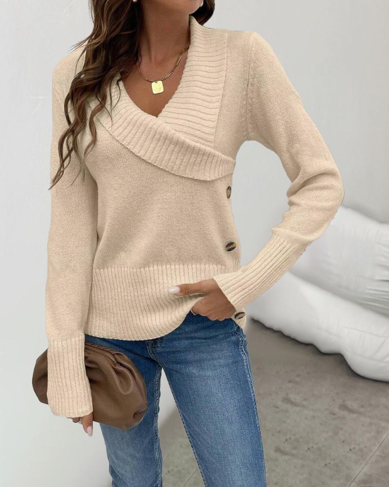 

Lapel V-Neck Button Decor Knit Sweater Long Sleeve Pullover Top, Apricot