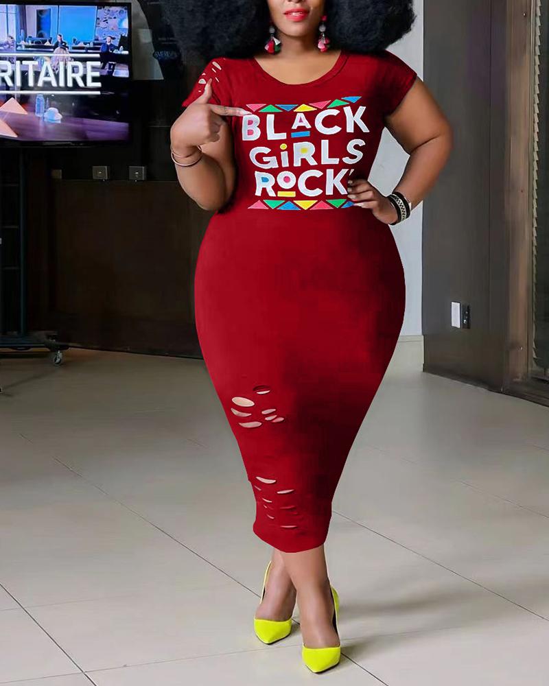 

Plus Size Letter Print Short Sleeve Ripped Bodycon Dress, Red