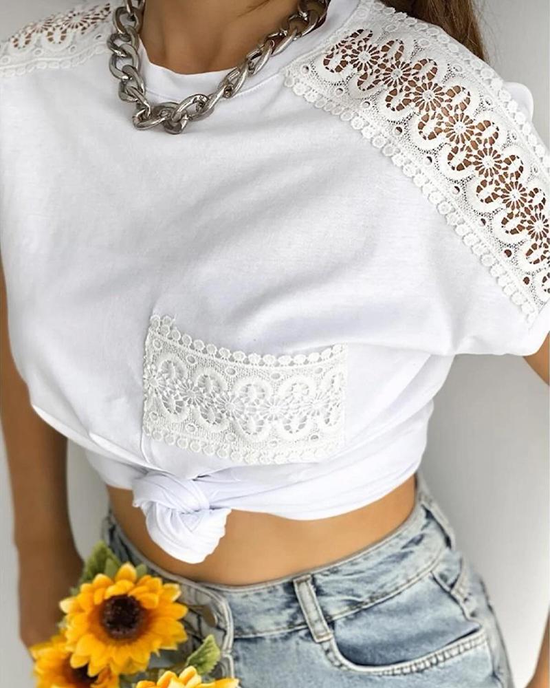 

Contrast Lace Short Sleeve T-shirt, White
