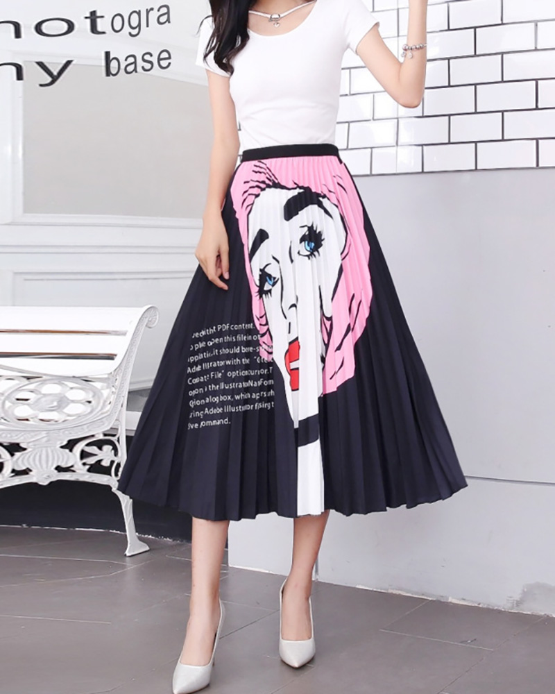 

High Waist Figure Print Pleated Skirt, Style1