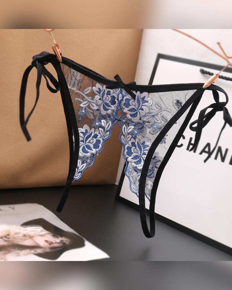

Sexy See-through Splicing Floral Embroidery Thong Panties, Blue