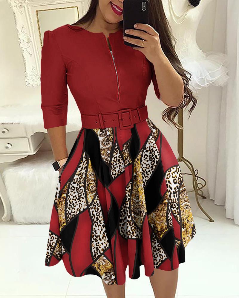 

Baroque Leopard Print Colorblock Zipper Design Casual Dress With Belt, Red