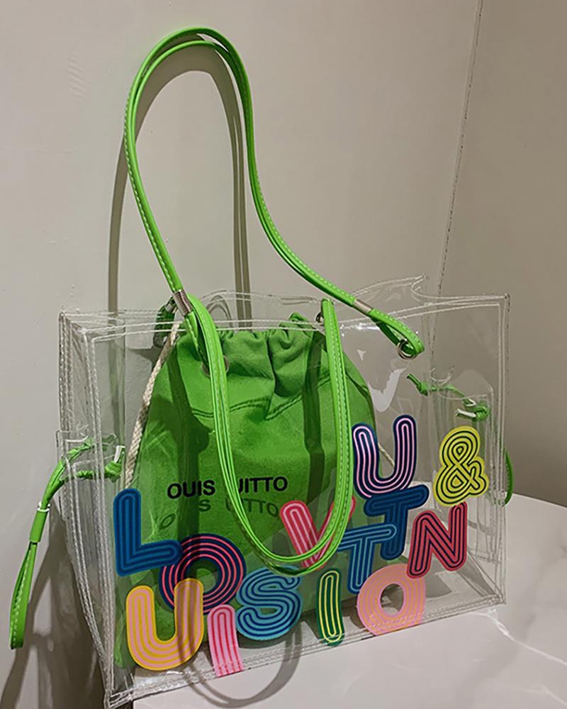 

Transparent Letter Pattern Shoulder Tote Bags, Green