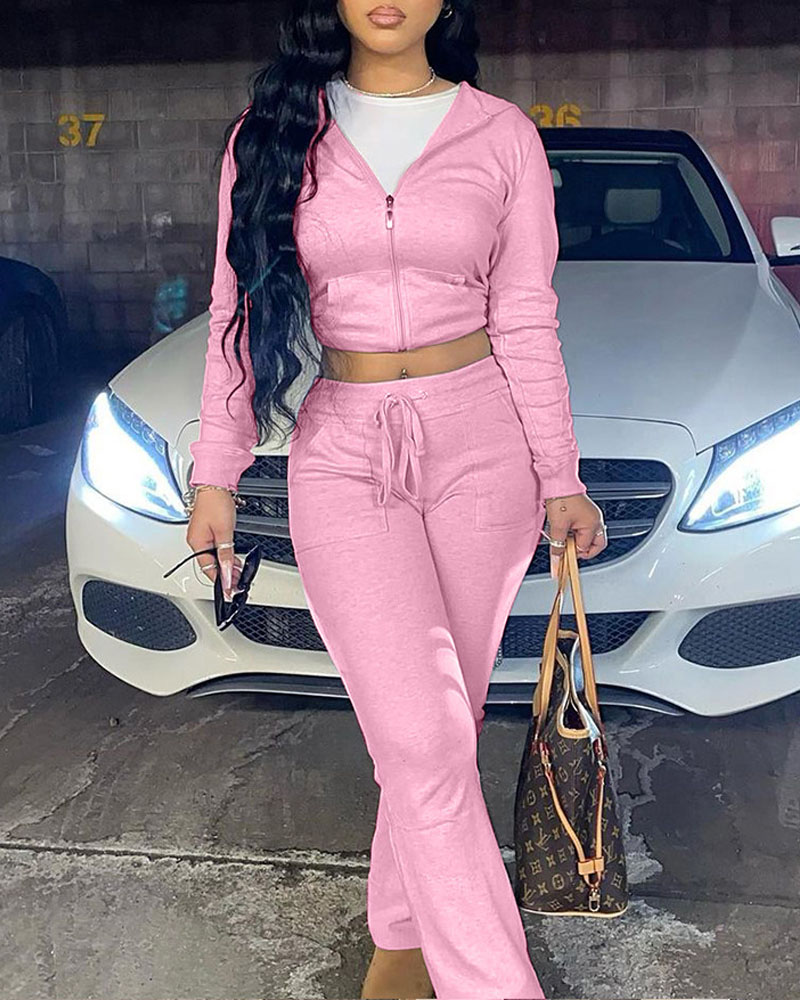 

Long Sleeve Zip Up Hooded Coat & Bootcut Pants Set, Pink