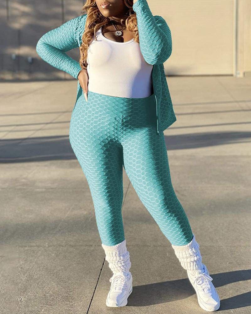 

Bubble Textured Zipper Design Top & High Waist Pants Set, Blue
