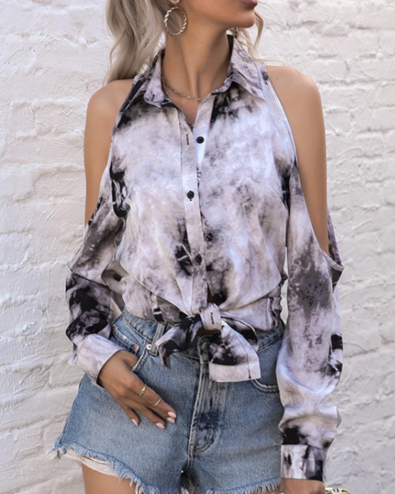 

Lace-up Tie Dye Cut-out Long Sleeve Shirt, Black&white