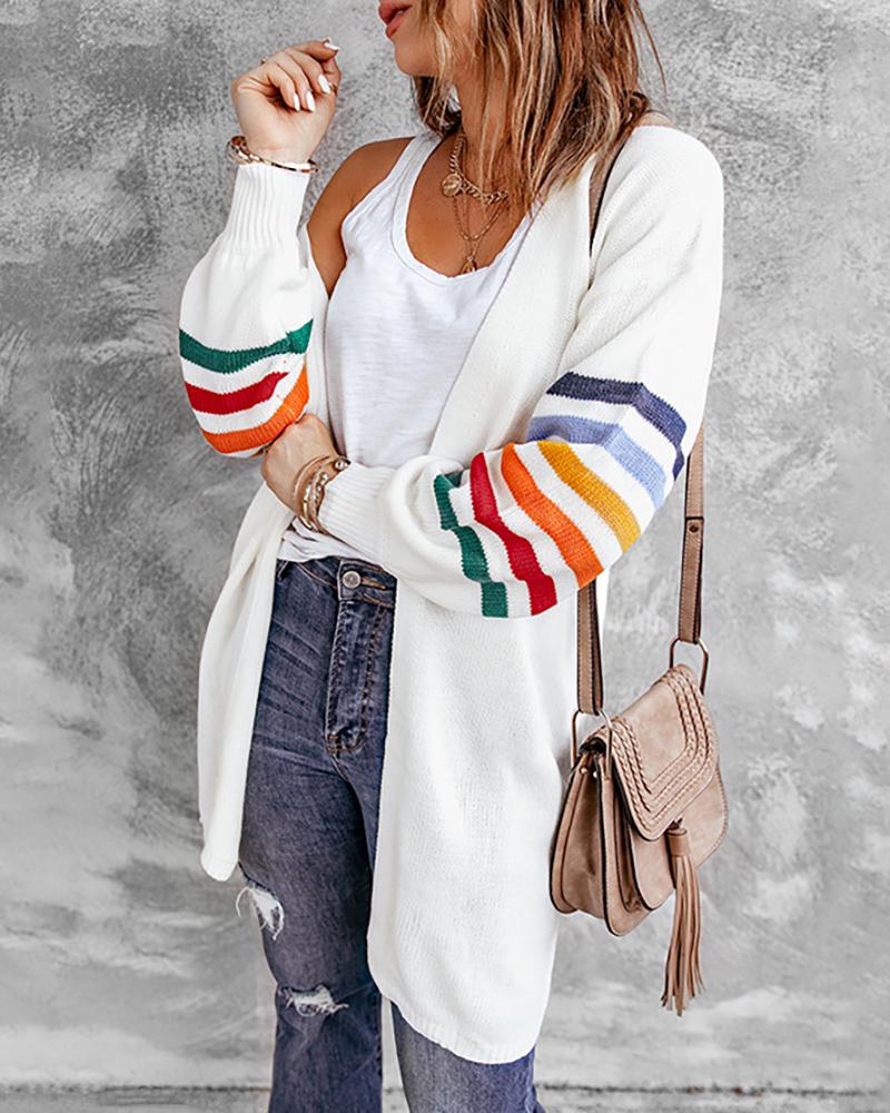 

Rainbow Stripe Print Lantern Sleeve Knit Cardigan, White