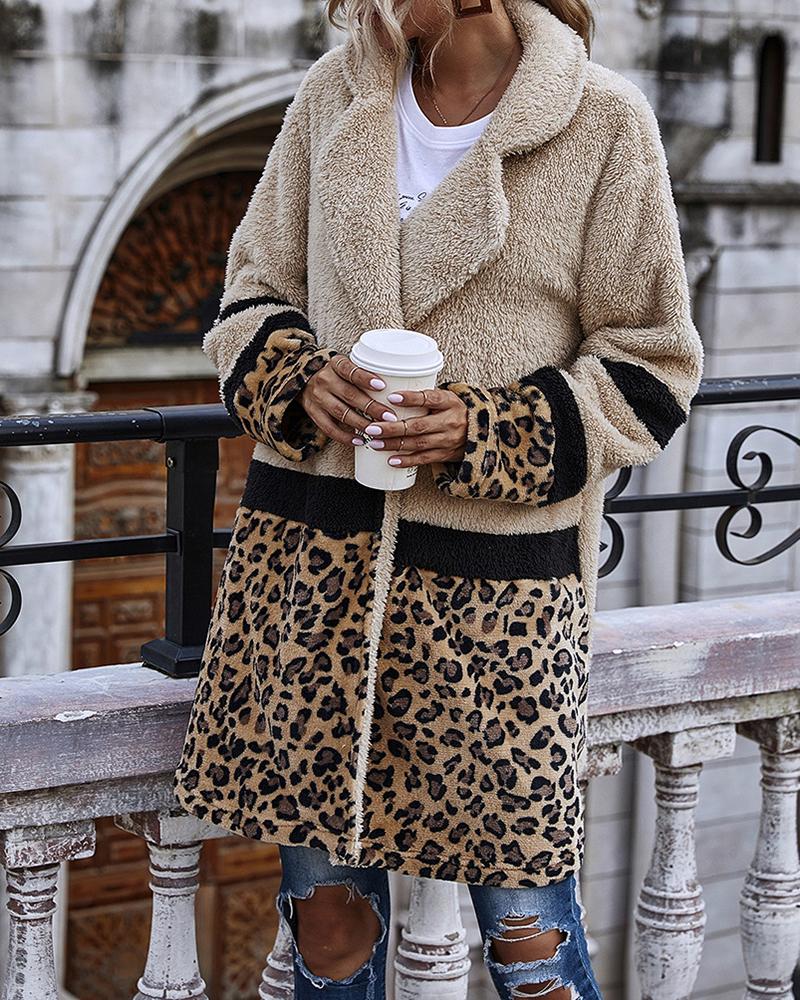 

Long Sleeve Striped Leopard Patch Teddy Coat, Khaki