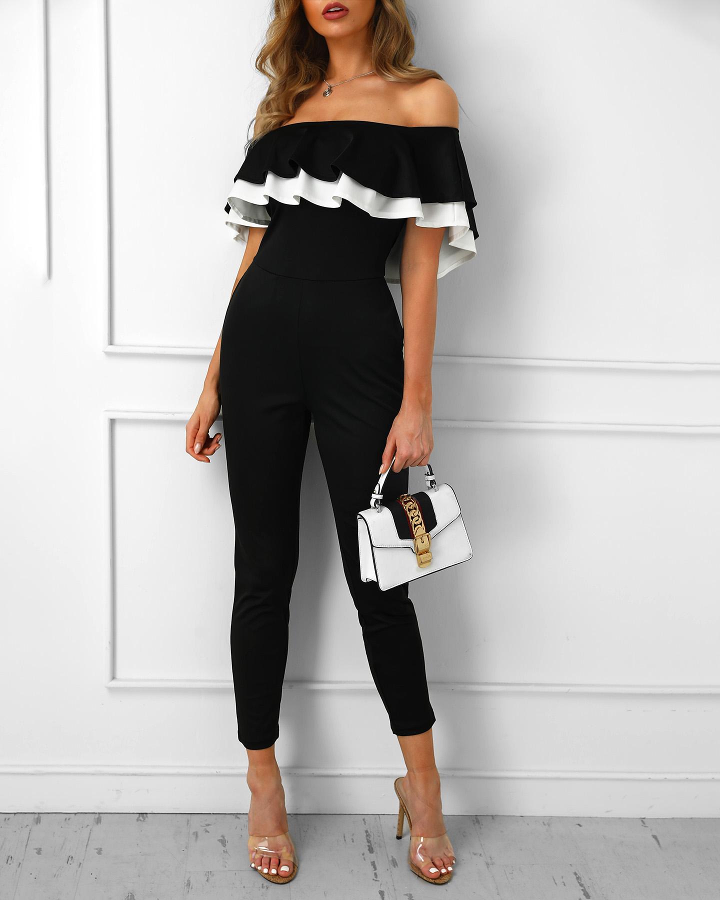 

Off Shoulder Colorblock Ruffles Jumpsuit, Black