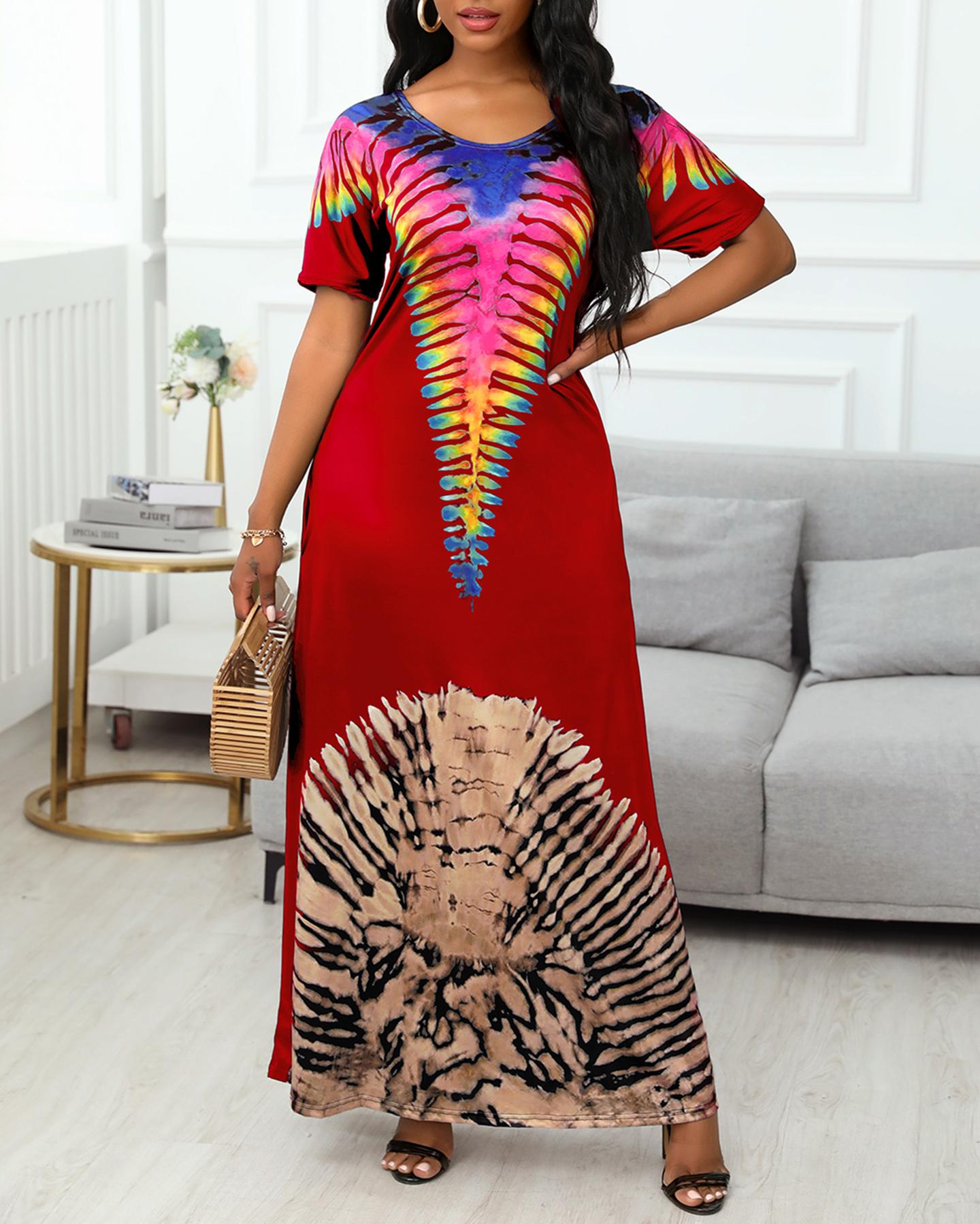 

Colorblock Pocket Design Short Sleeve Maxi Dress, Red
