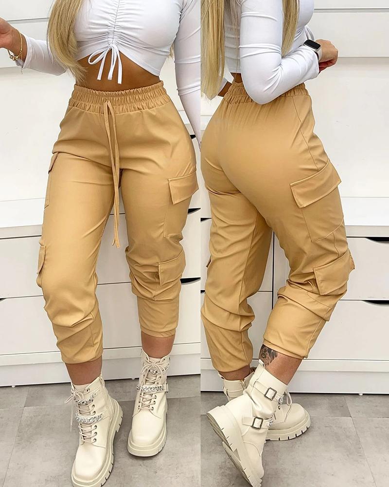 

Drawstring Pocket Design Shirred Cargo Pants, Khaki