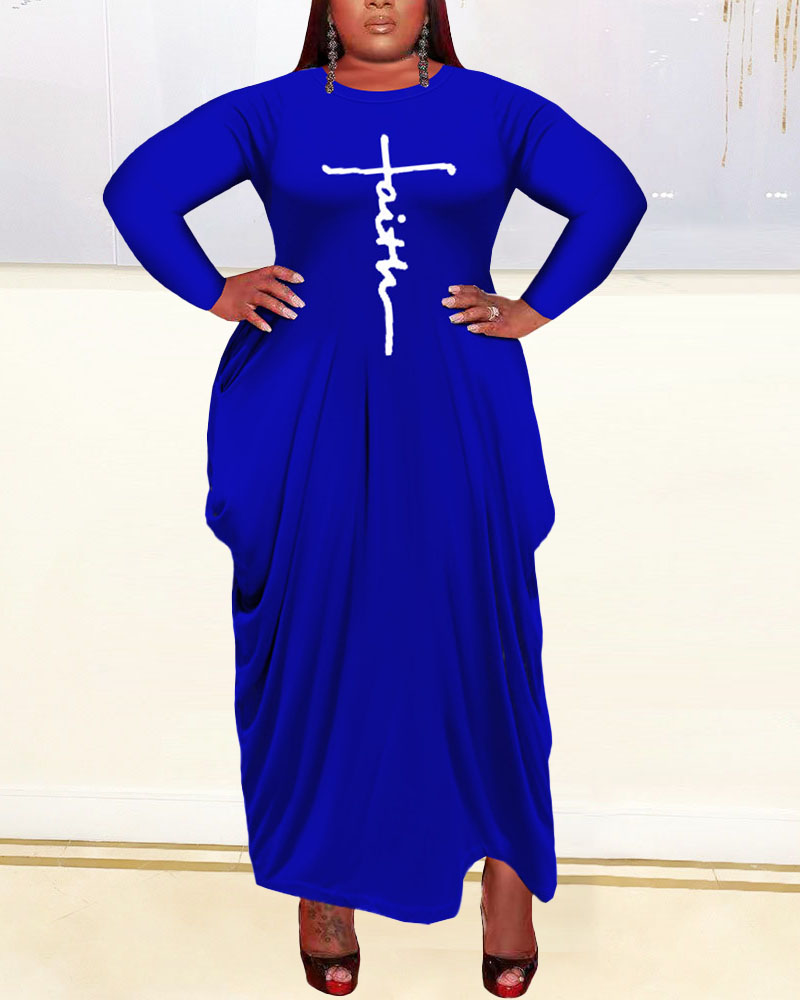 

Plus Size Letter Print Long Sleeve Maxi Dress, Dark blue