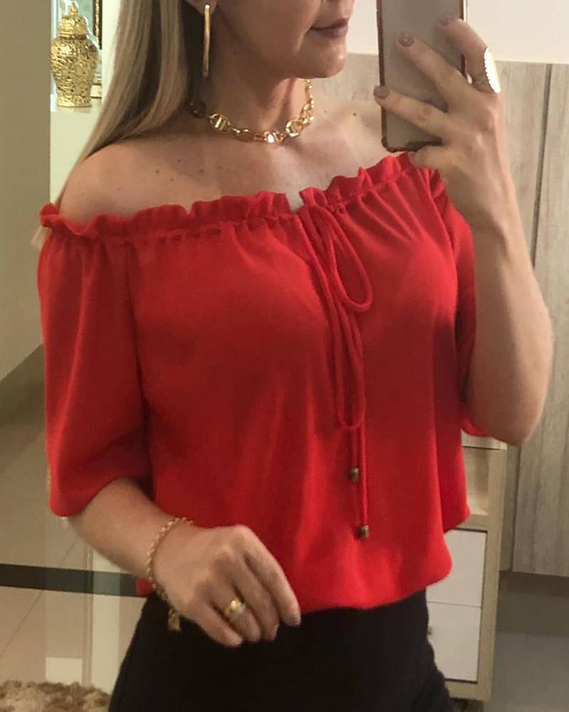 

Ruffle Hem Design Plain Off Shoulder Top, Red