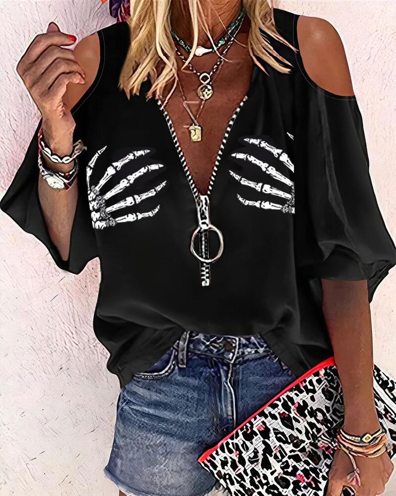

Halloween Skeleton Hands Print Cold Shoulder Top, Black