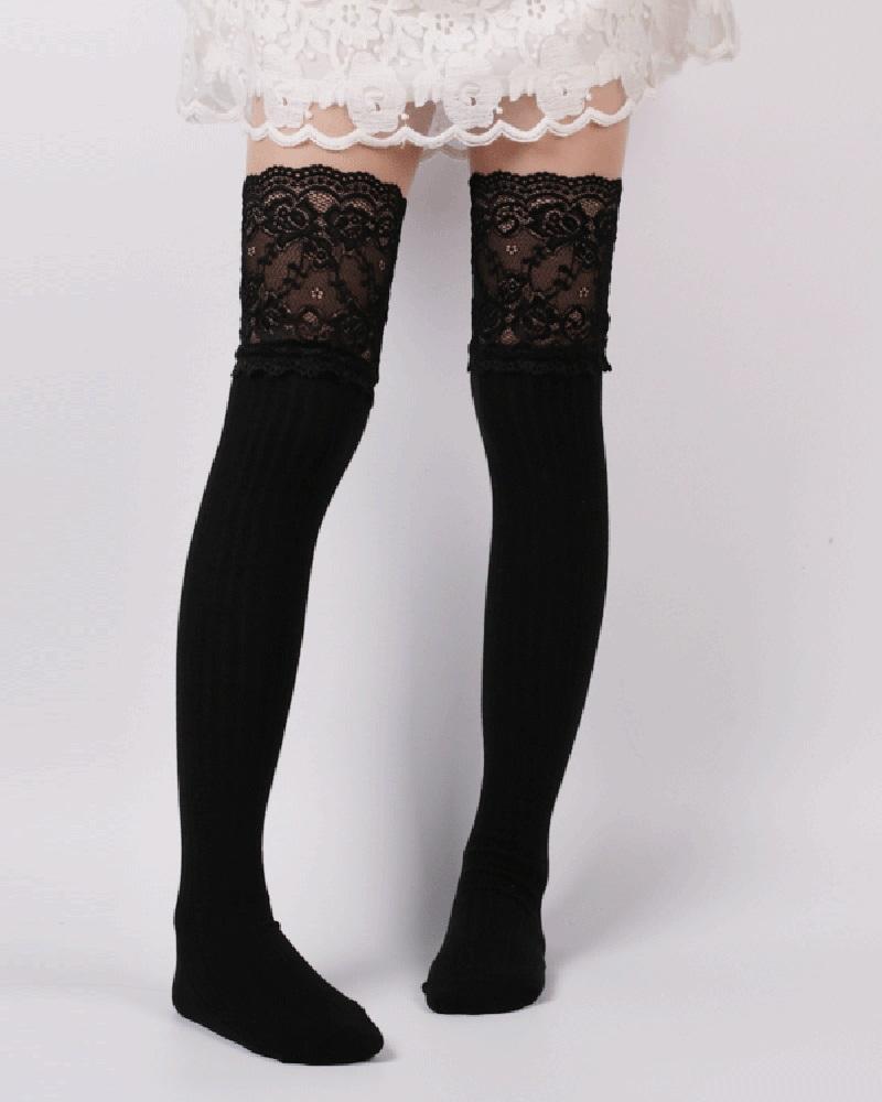 

Lace Trim Over The Knee Socks, Black