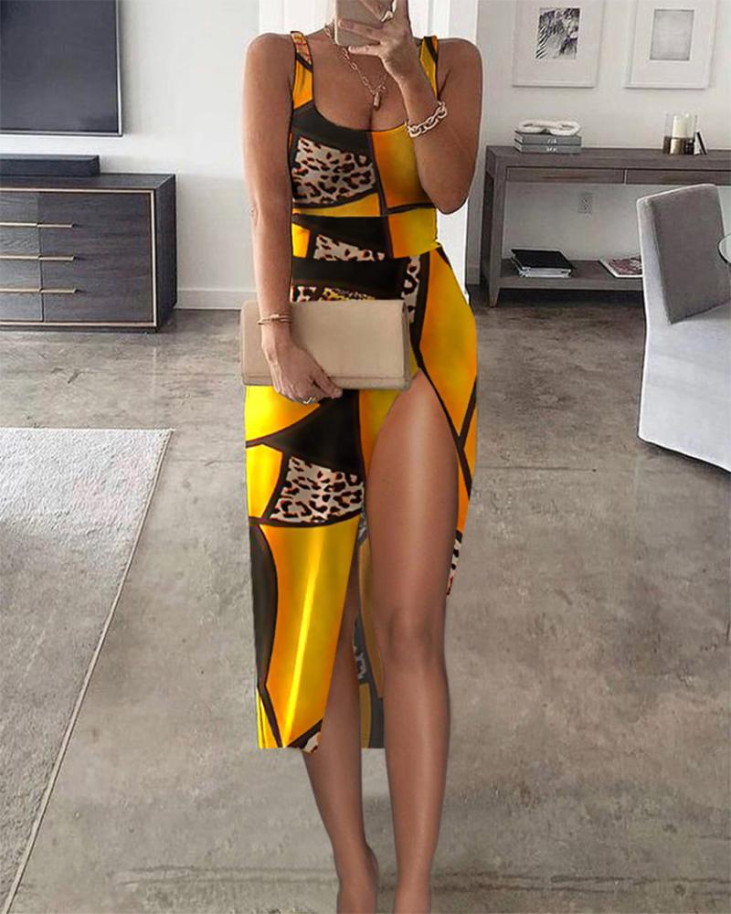 

Leopard Print Colorblock High Slit Dress, Yellow