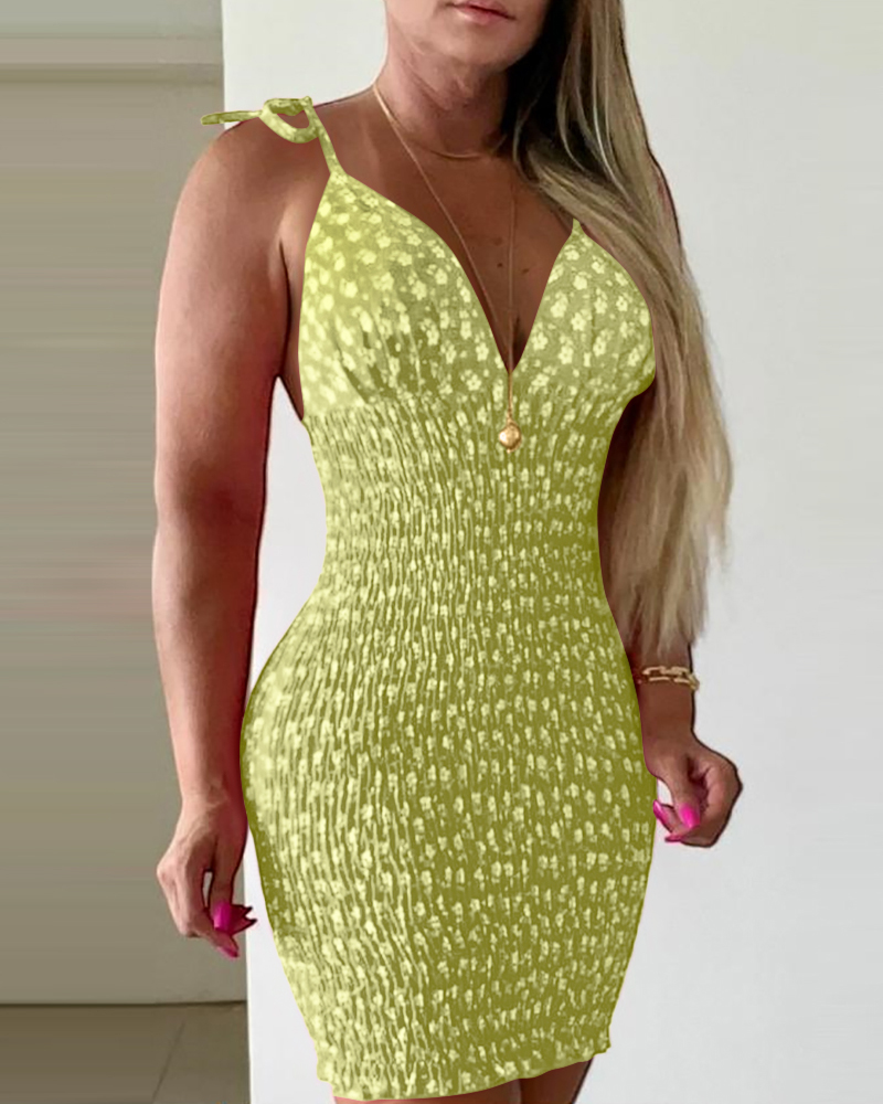 

Robe à imprimé floral, décolleté plongeant en V, bretelles spaghetti, mini-robe sexy froncée à lacets, Green