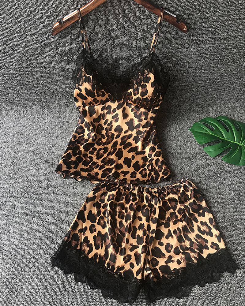 

Leopard Print Lace Trim Cami Sets