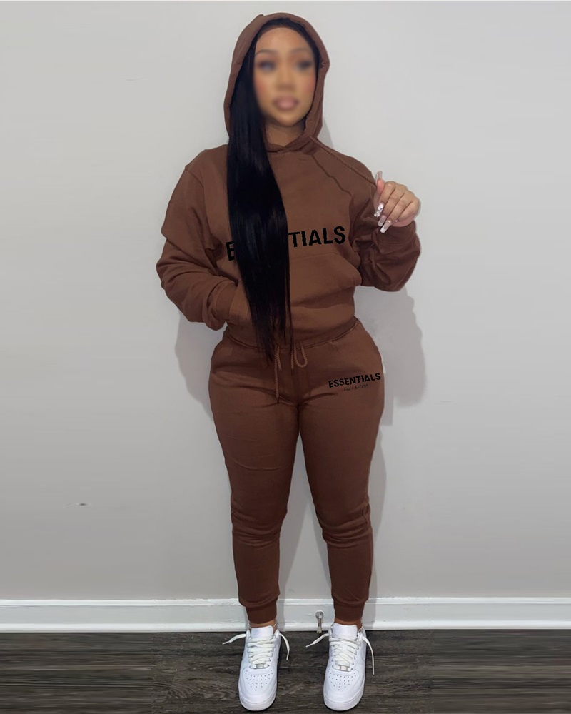 

Letter Print Long Sleeve Hoodie & Pants Set, Coffee