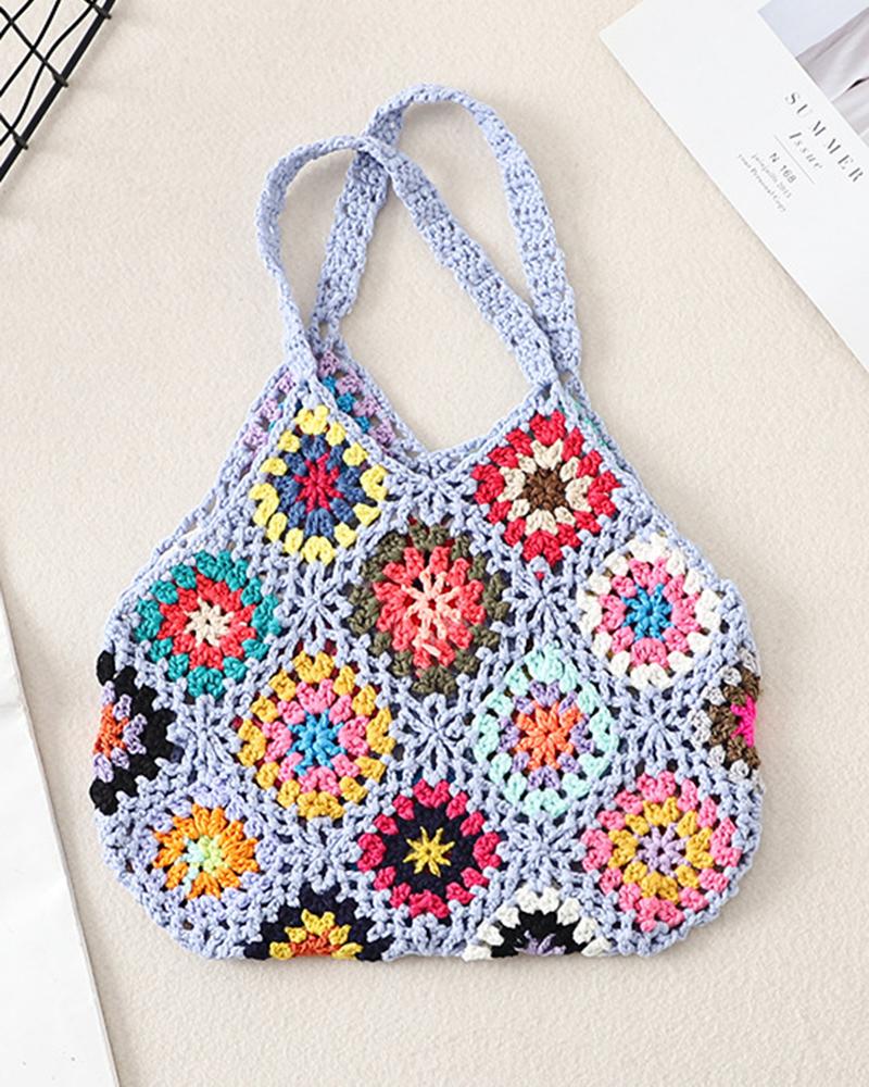 

Geometric Pattern Large Capacity Crochet Beach Bag, Lighted blue