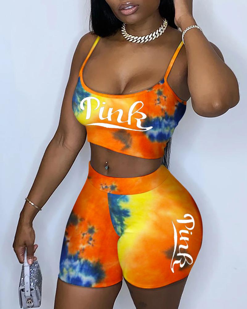 

Tie Dye Letter Print Crop Top & High Waisted Shorts Set, Orange