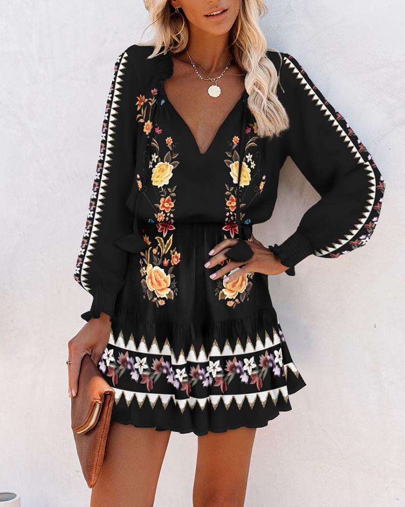 

Floral Geometric Print V Neck Long Sleeve Mini Dress Ruffle Hem Tied Detail Casual Dress, Black