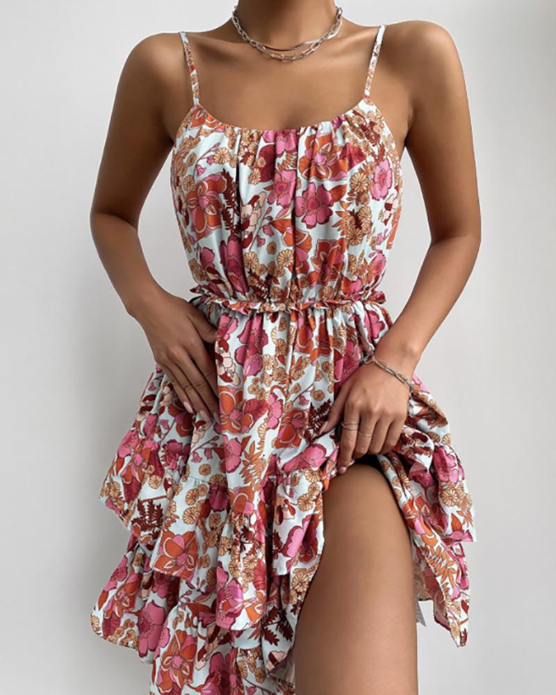 

Floral Print Layered Ruffles Backless Cami Dress, Pink