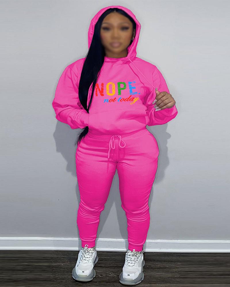 

Plus Size Letter Print Casual Hoodie & Pants Set, Hot pink