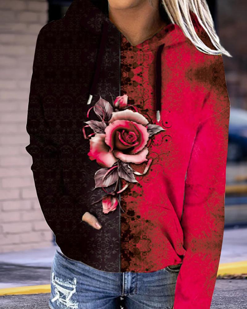 

Plus Size Floral Print Colorblock Long Sleeve Hoodie, Red