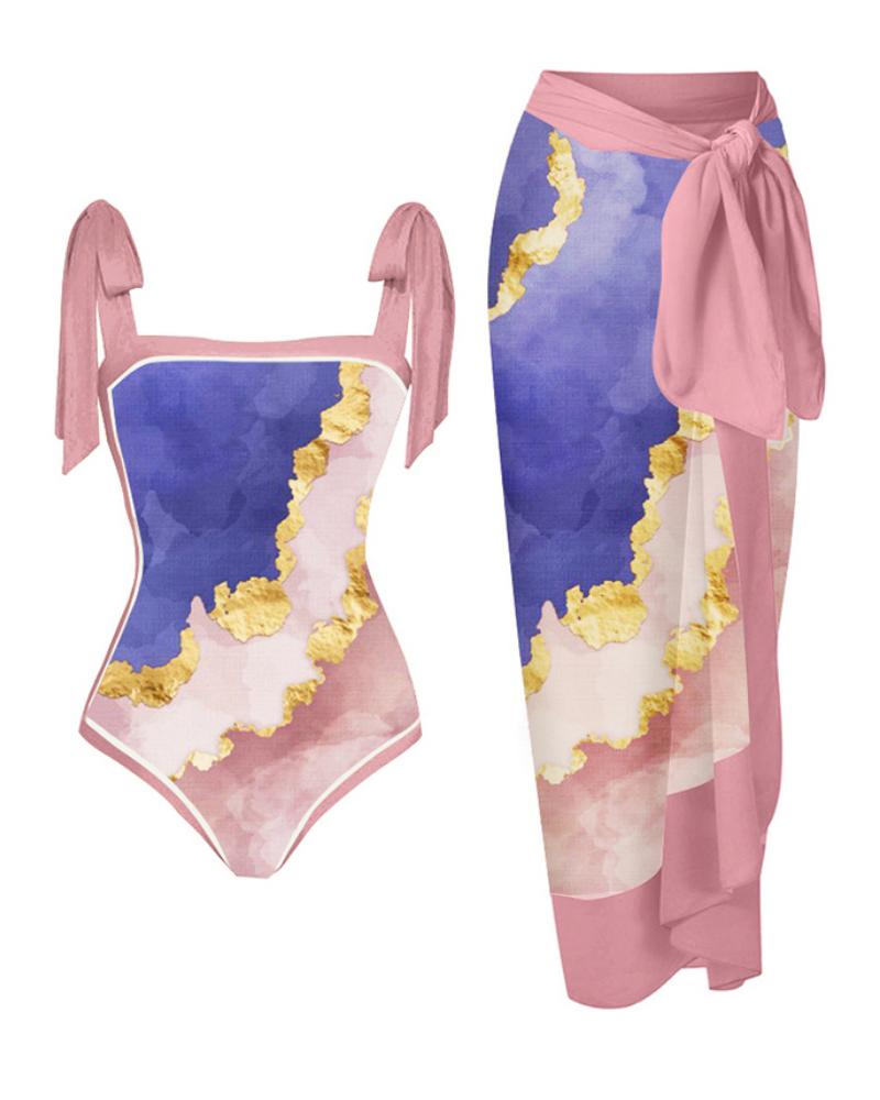 

Pink Marble Print Tied Detail One Piece Swimsuit With Cover Up