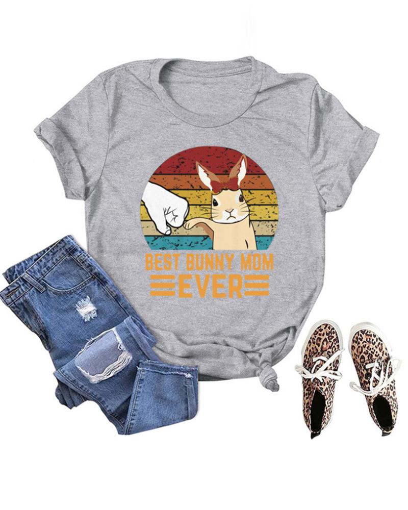 

Happy Easter Bunny Print T-shirt Holiday Graphic Tee, Gray
