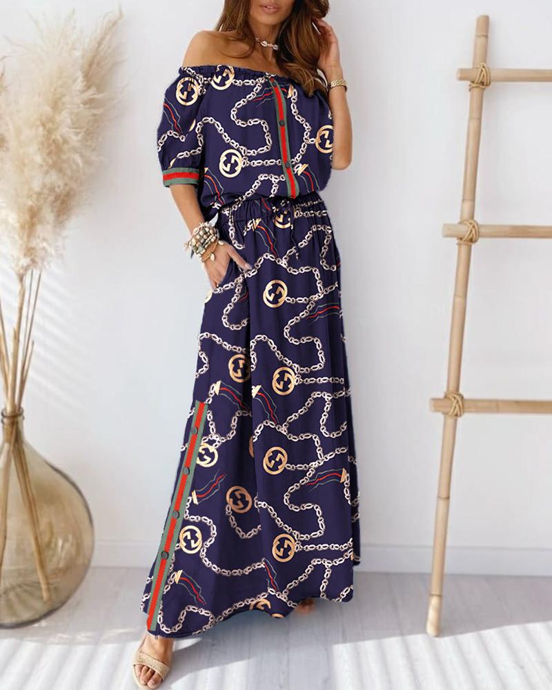 

Chain Print Off Shoulder Top & Skirt Sets, Purplish blue